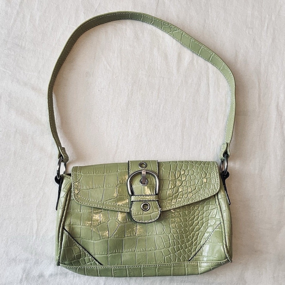 Y2K Lime Green Croc Embossed Mini Shoulder Bag 90s Retro Baguette Purse